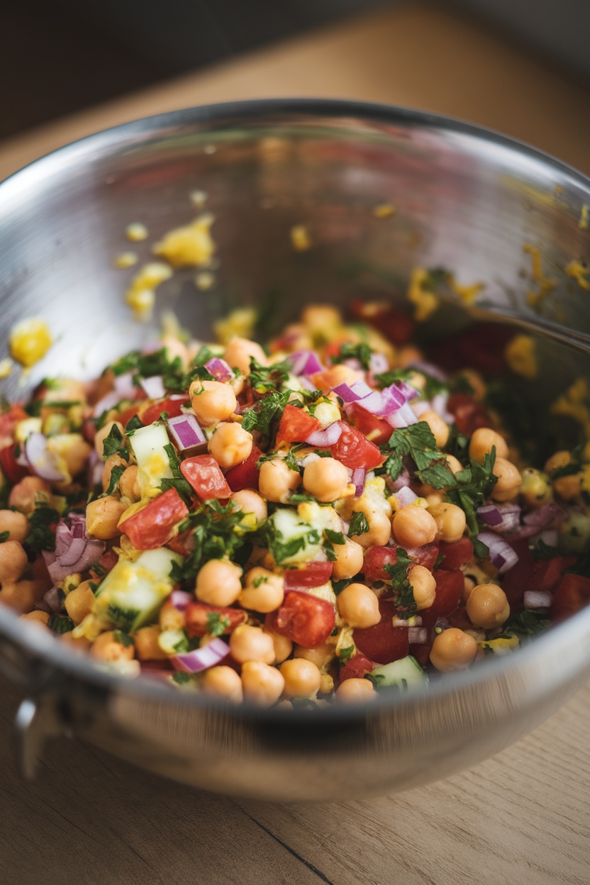 Chickpea salad with fresh vegetables and lemon dressing