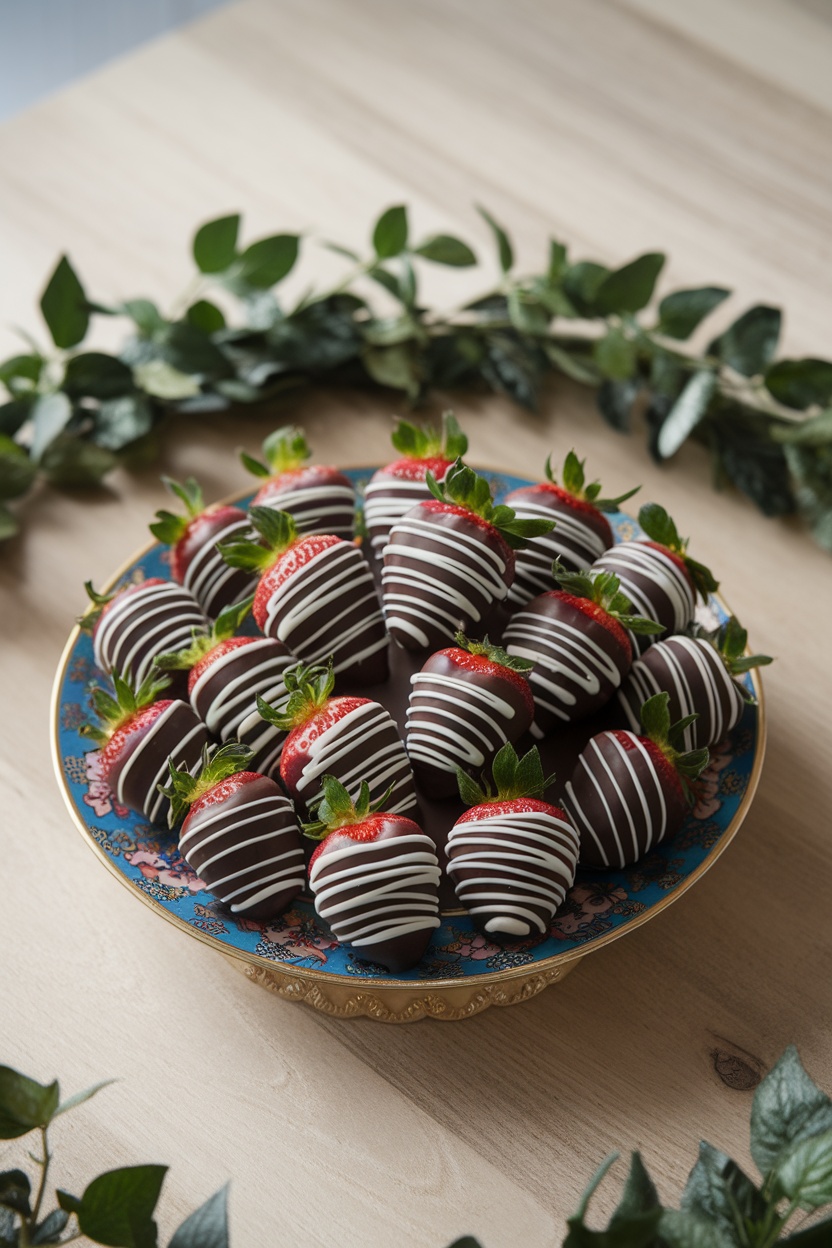 A plate of chocolate-covered strawberries with white drizzle, surrounded by greenery.