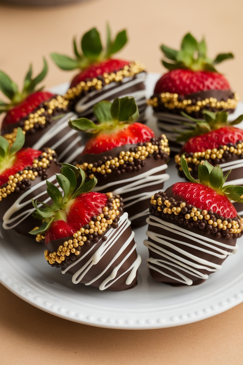 Plate of chocolate-dipped strawberries decorated with white chocolate drizzle and golden sprinkles