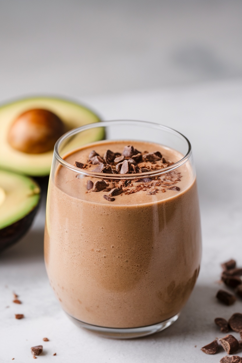 A glass of chocolate avocado smoothie garnished with chocolate chips, with avocado halves in the background.