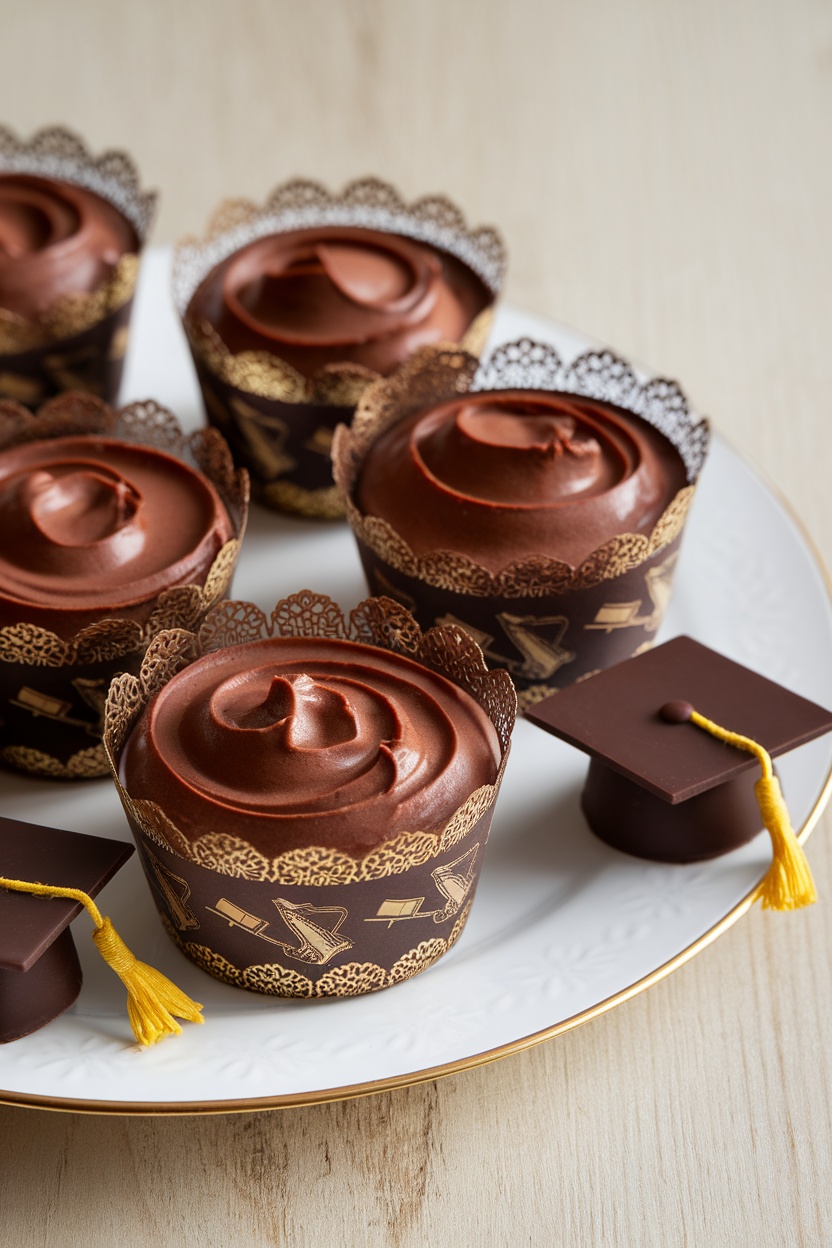 Mini chocolate mousse cups decorated for a graduation party