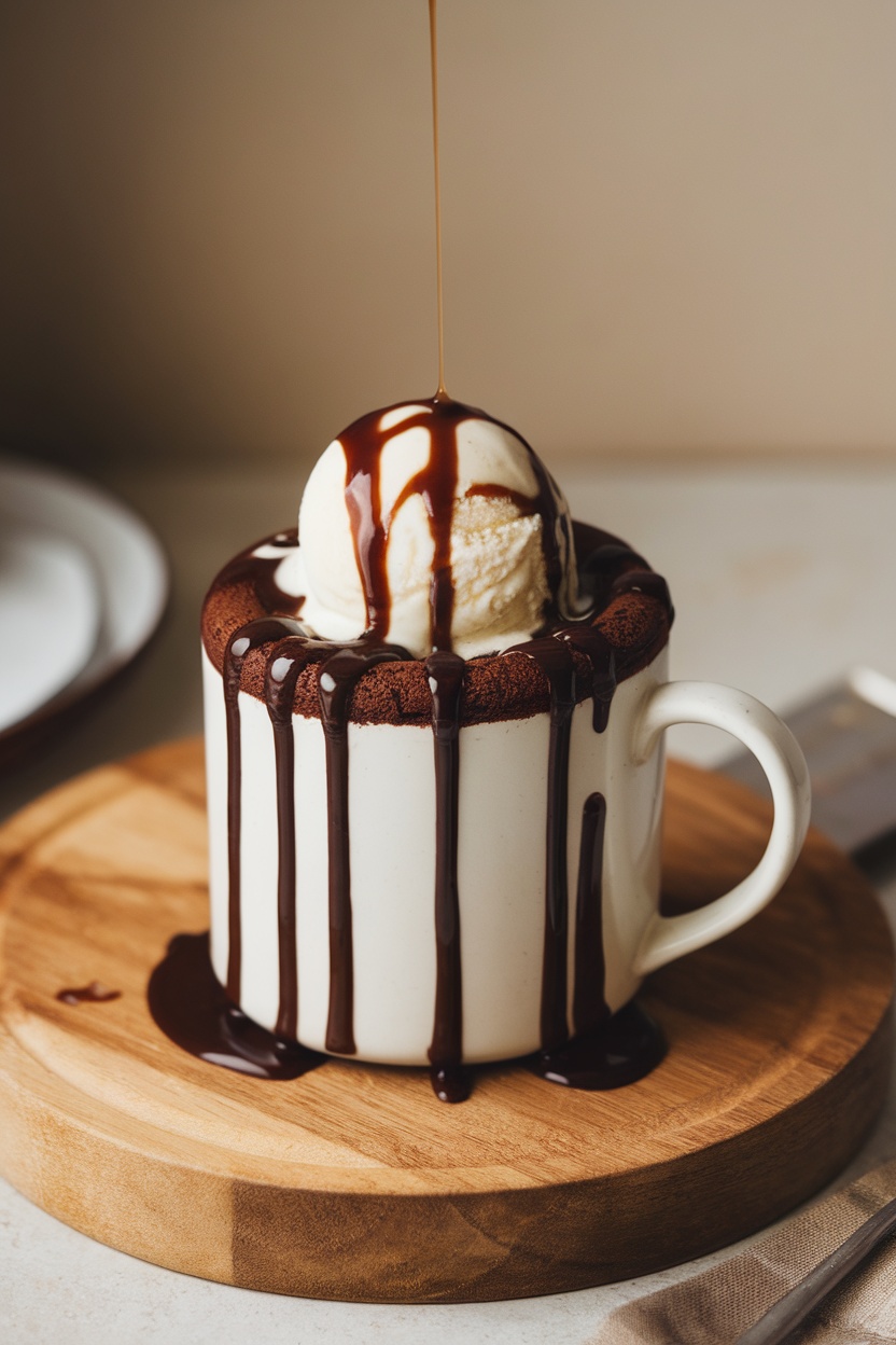 A delicious chocolate mug cake topped with ice cream and chocolate drizzle.