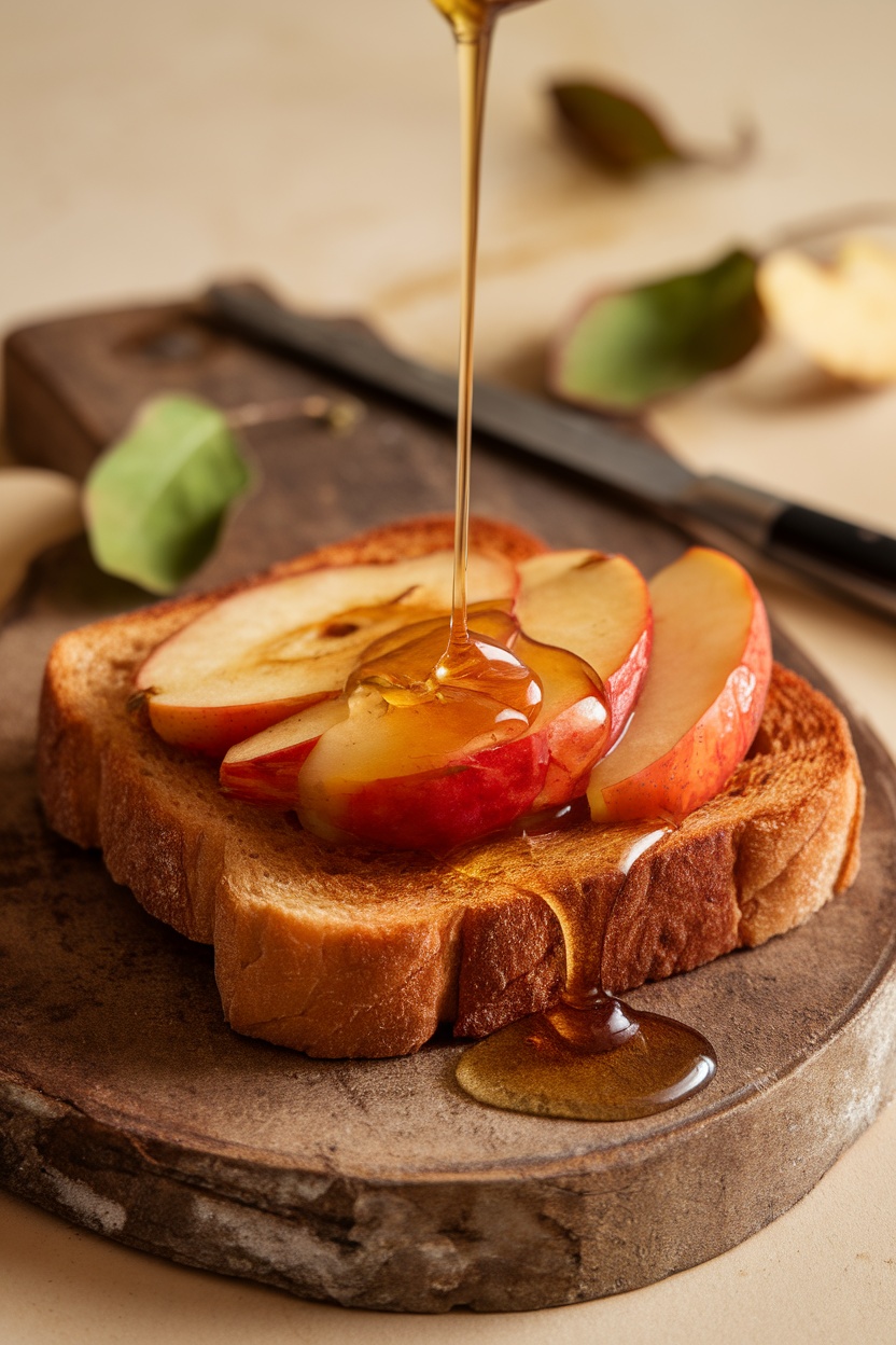 A slice of toasted bread topped with apple slices and honey.