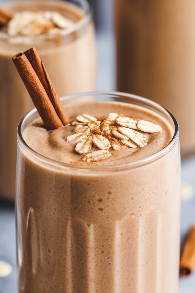 A creamy cinnamon roll smoothie garnished with oats and cinnamon sticks