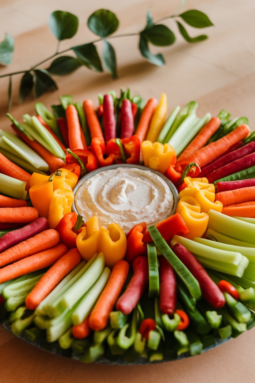 A colorful veggie platter featuring carrots, bell peppers, celery, and a creamy dip in the center.