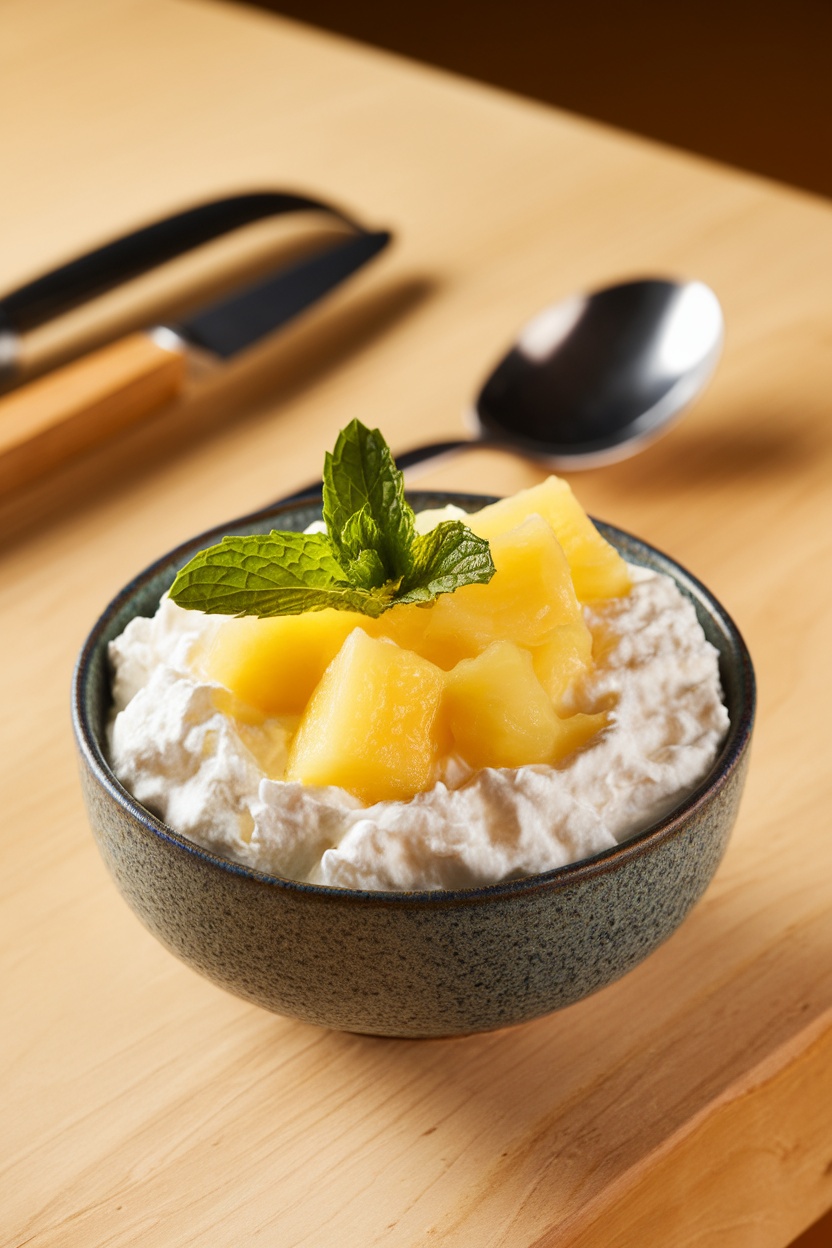 A bowl of cottage cheese topped with pineapple chunks and mint leaves.