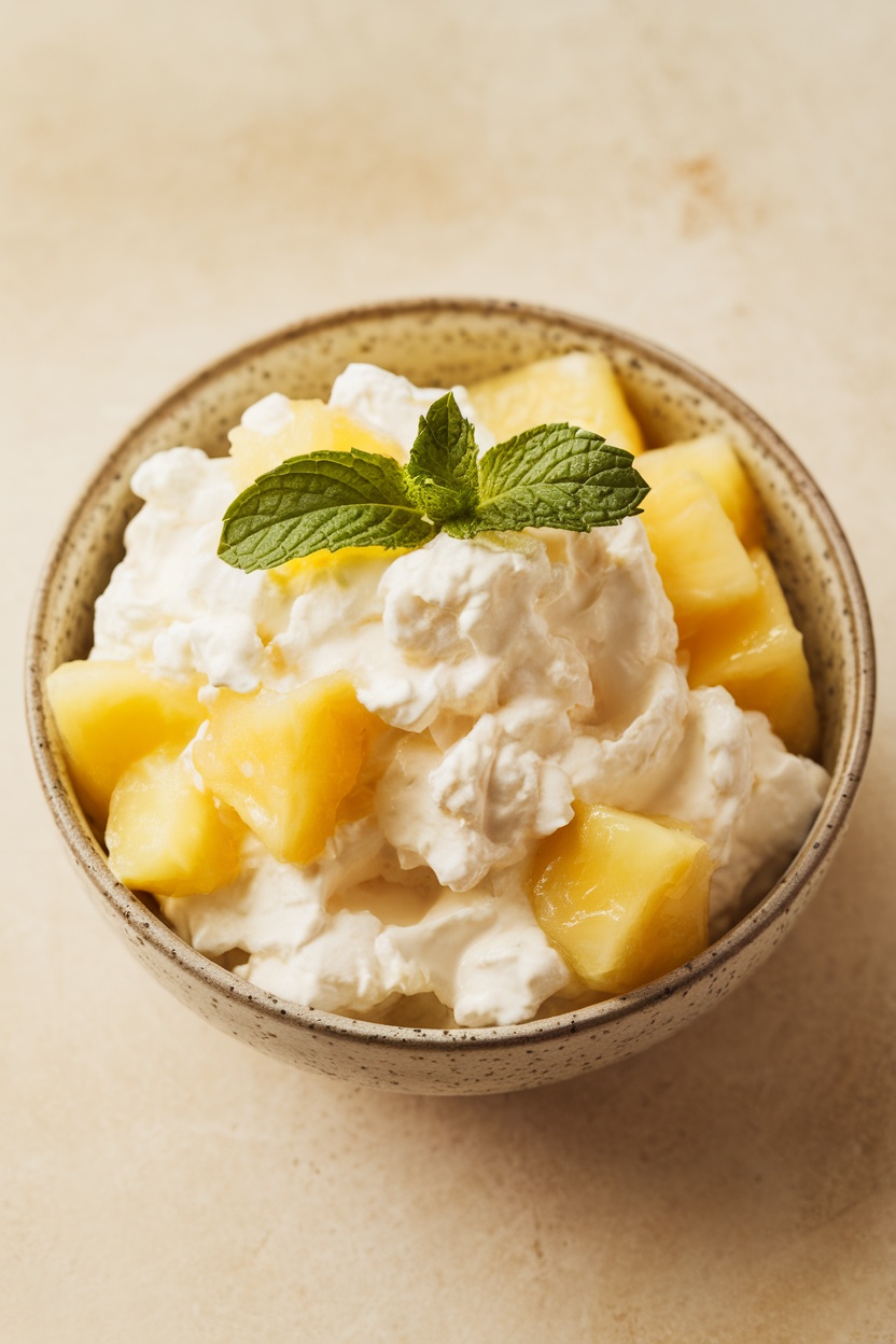 A bowl of cottage cheese topped with pineapple chunks and garnished with mint leaves.