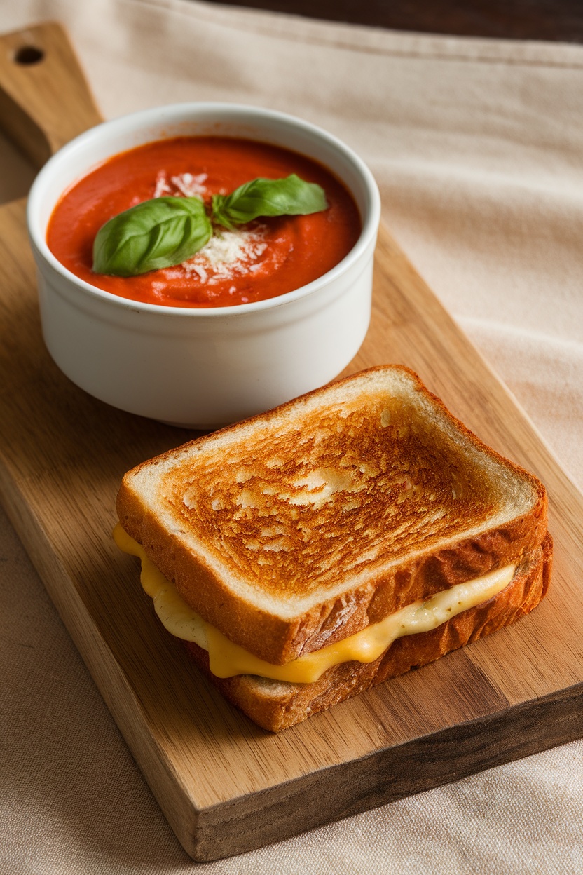 A bowl of creamy tomato soup with a grilled cheese sandwich on a wooden board
