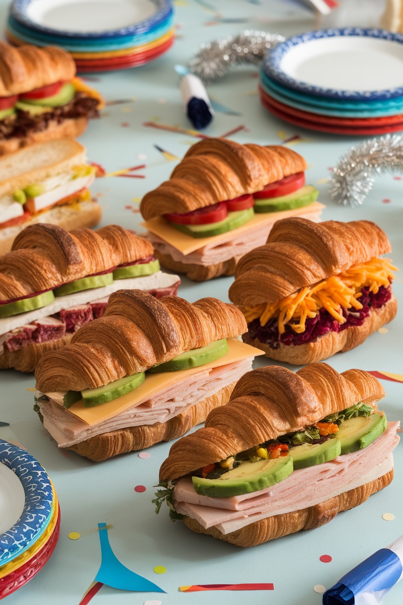 A variety of croissant sandwiches filled with different ingredients on a colorful table.