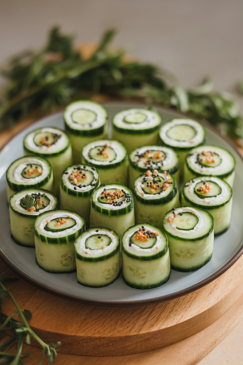 Cucumber rolls with cream cheese topped with herbs and seeds.