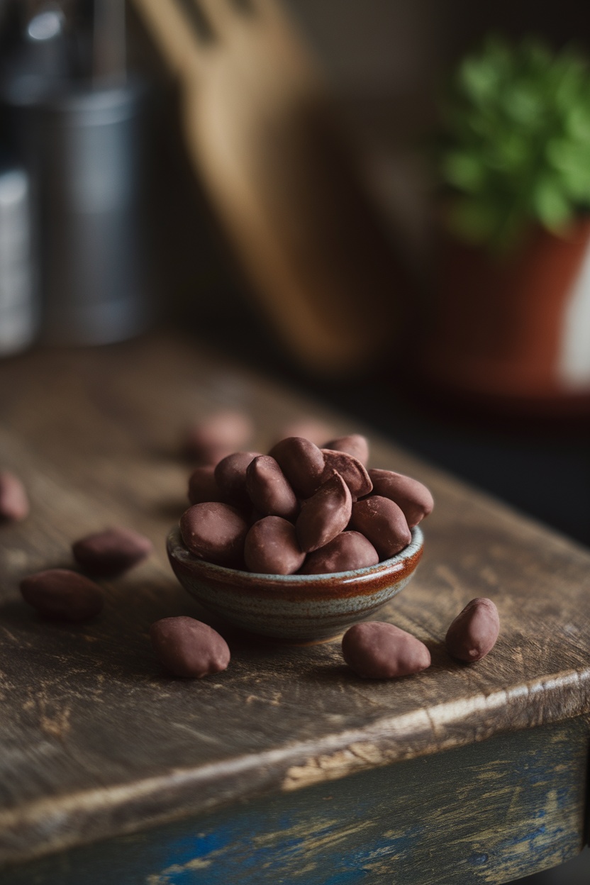 A bowl of dark chocolate-covered almonds on a wooden table.
