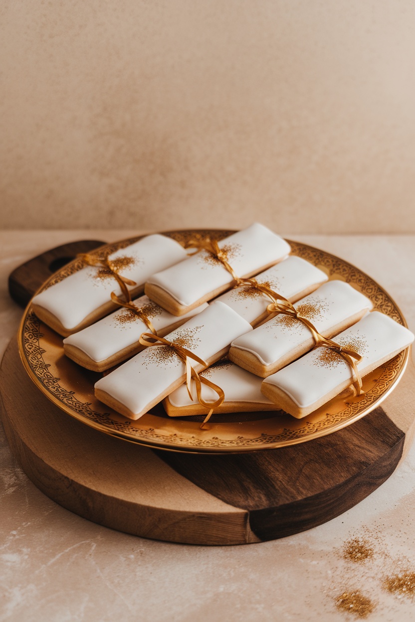 Plate of diploma-shaped cookies with white icing and golden decoration