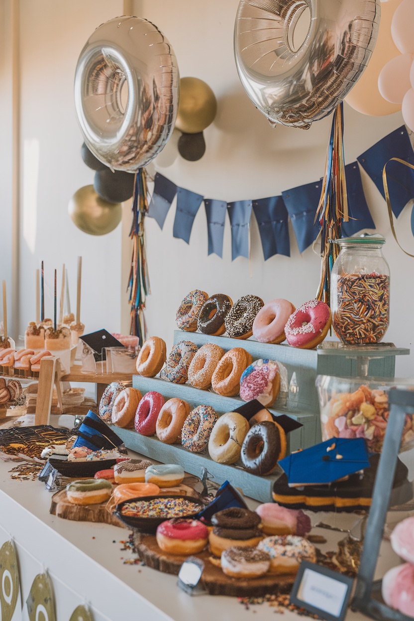 A colorful display of donuts set up for a graduation party with various toppings and decorations.