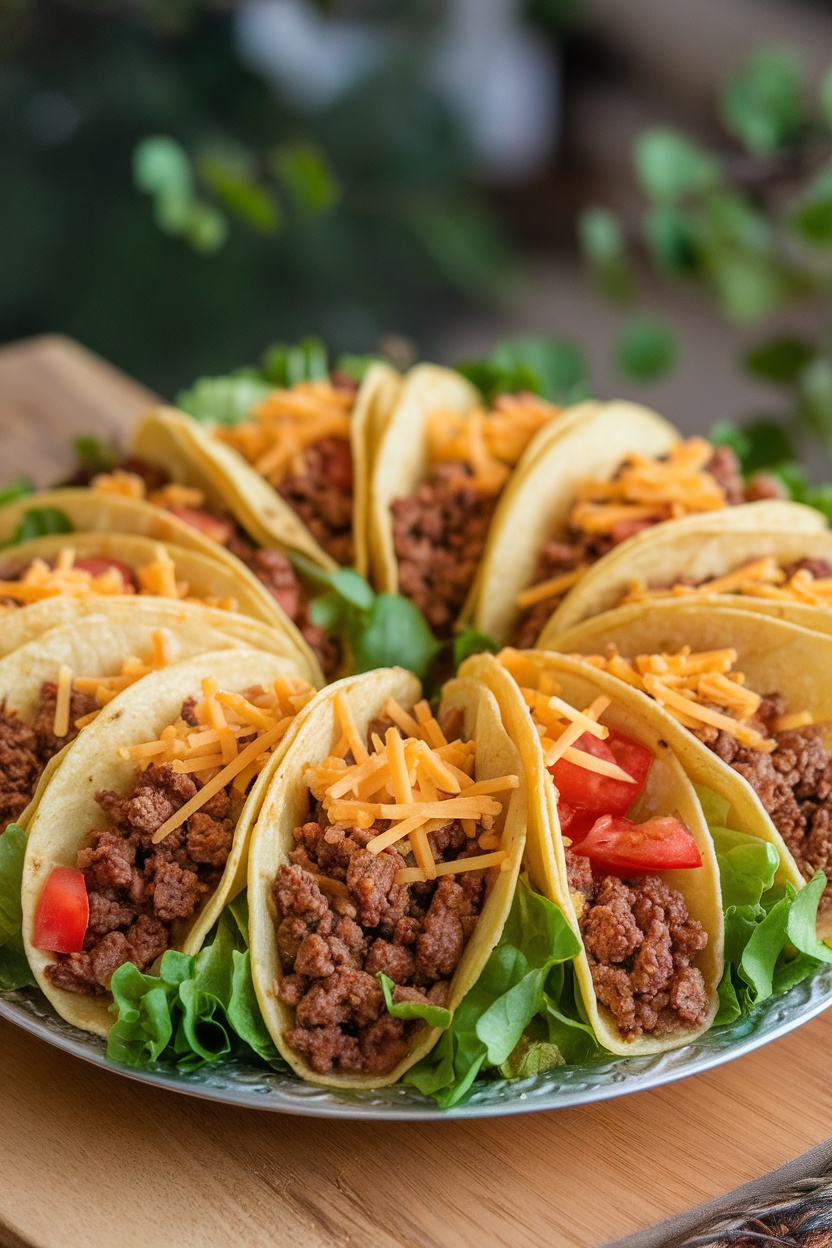 A platter of tacos filled with ground beef, topped with cheese and tomatoes on a bed of lettuce.