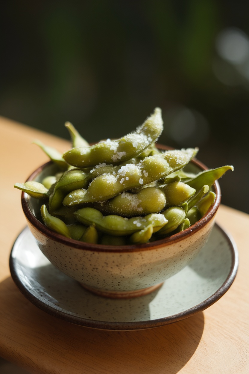 A bowl of edamame sprinkled with sea salt