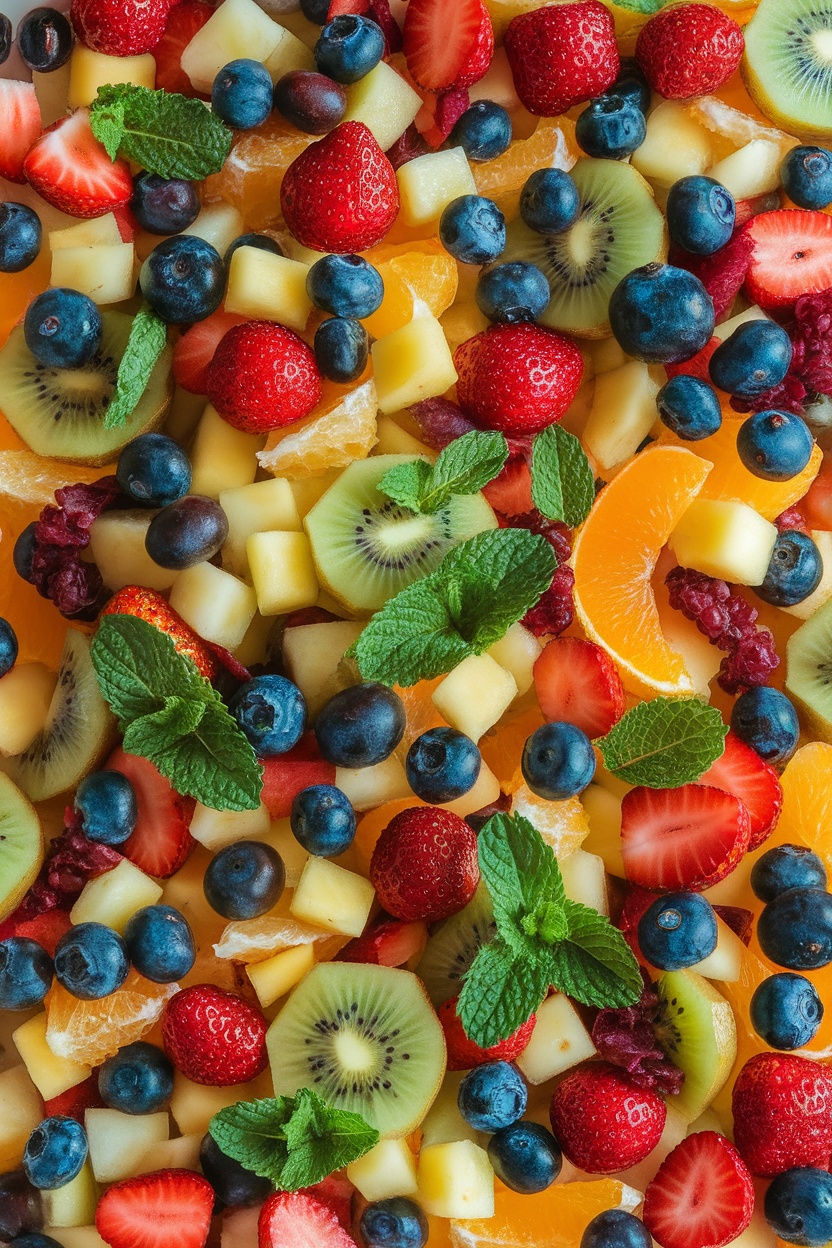 A colorful and refreshing fruit salad with assorted fruits and mint.