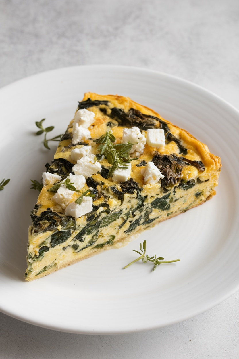 Slice of frittata with spinach and feta cheese on a plate, garnished with herbs.