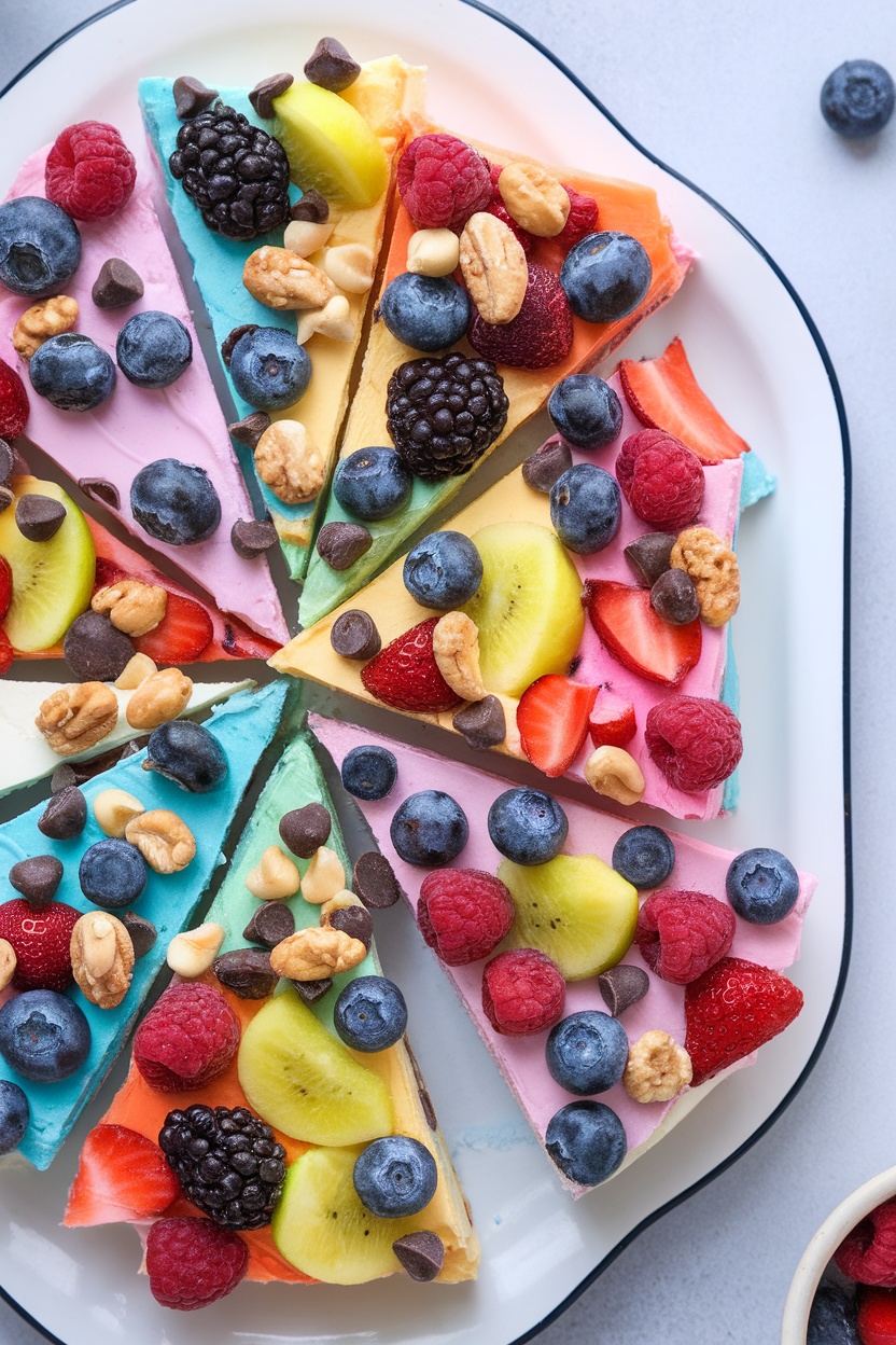 Colorful frozen yogurt bark topped with fruits and nuts, cut into slices.