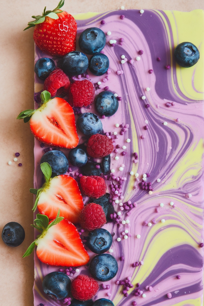 Frozen yogurt bark with mixed berries and colorful sprinkles