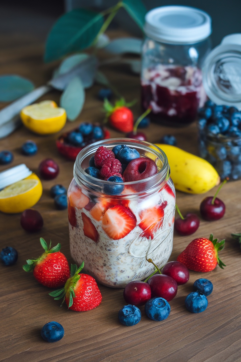 A jar of fruit and nut overnight oats topped with fresh berries and nuts on a wooden table.