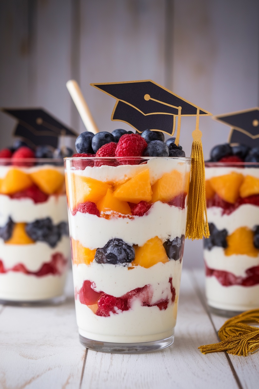 Delicious fruit and yogurt parfaits with graduation-themed decorations.