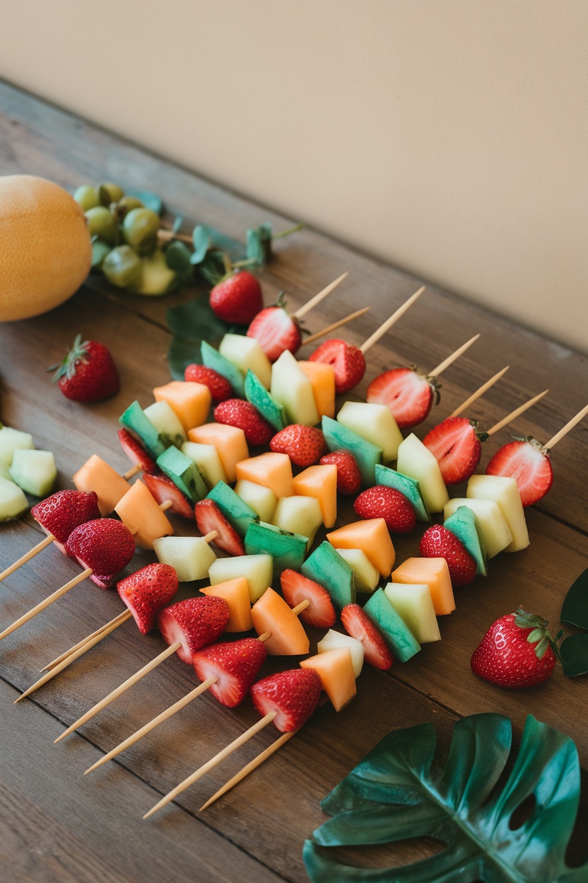 Colorful fruit kabobs arranged on a wooden table with strawberries, melons, and grapes.