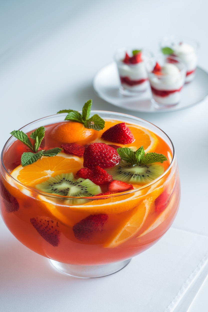 A bowl of fruity punch with slices of orange, strawberries, and kiwi, alongside dessert cups with layers of cream and fruit.