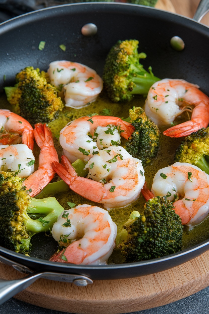 A skillet with shrimp and broccoli in garlic butter sauce.