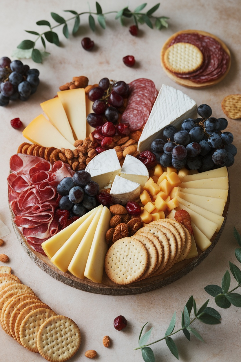 A beautifully arranged gourmet cheese and charcuterie board featuring various cheeses, meats, nuts, and fruits.