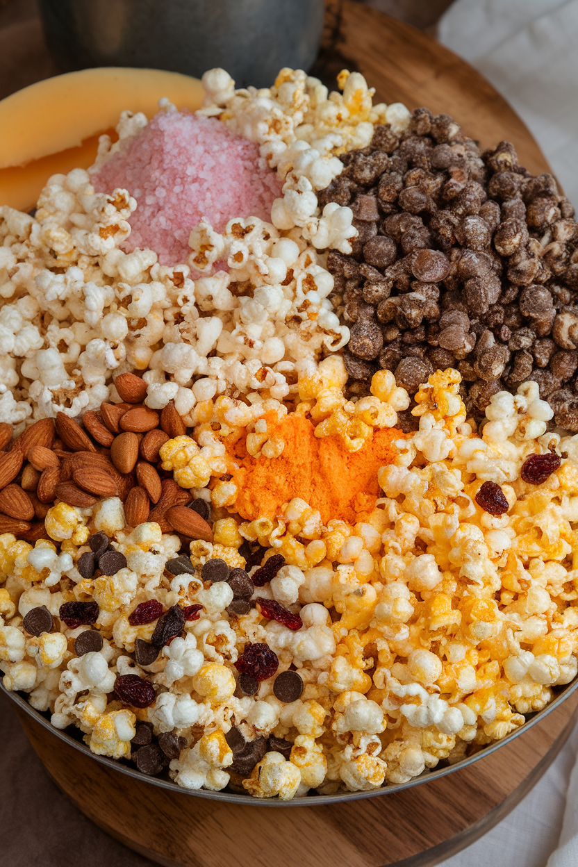 A variety of gourmet popcorn bags and boxes on a table.