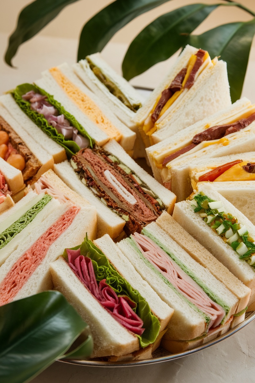A beautifully arranged platter of gourmet sandwiches in various styles and fillings.