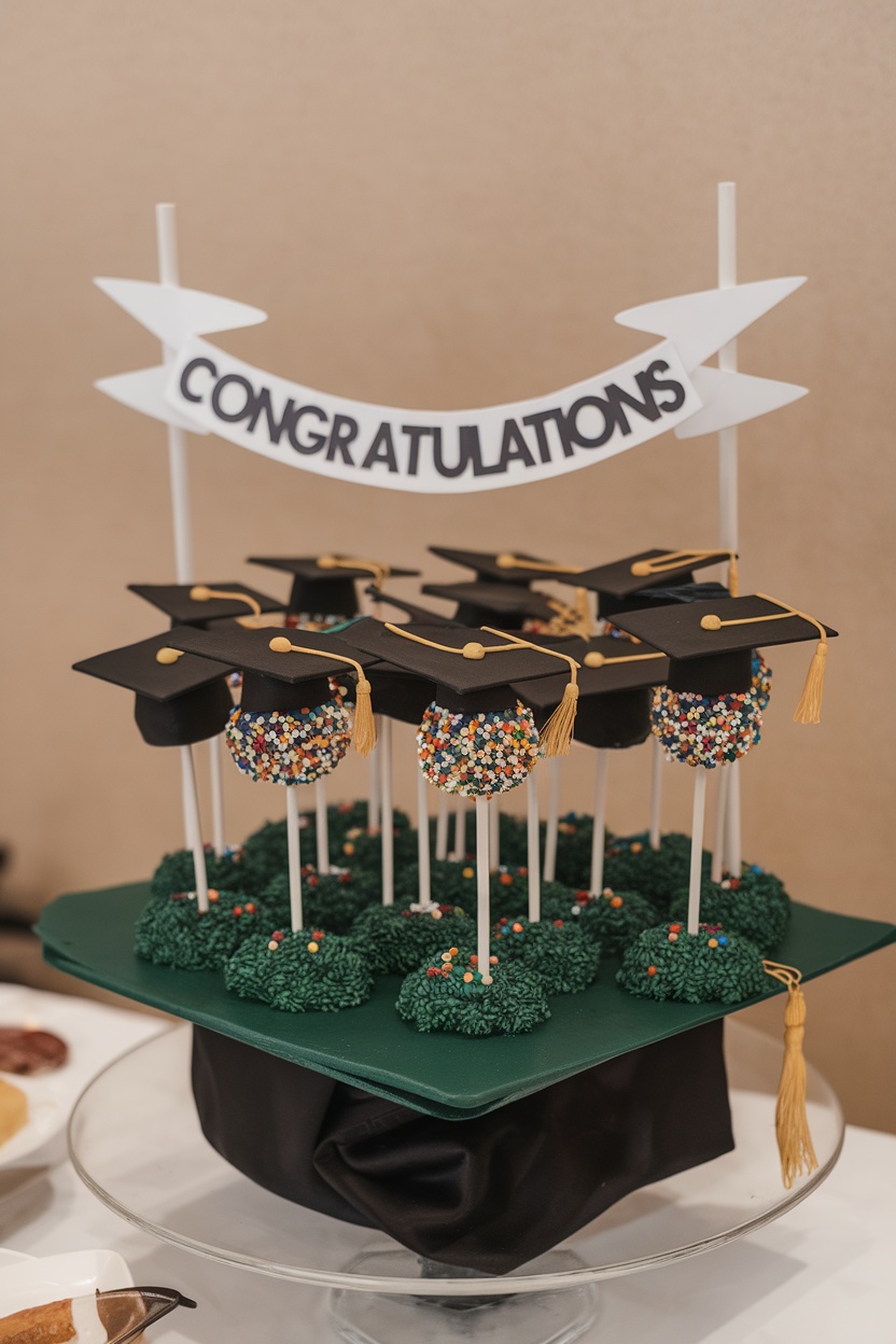 Cake pops decorated as graduation caps on a festive display