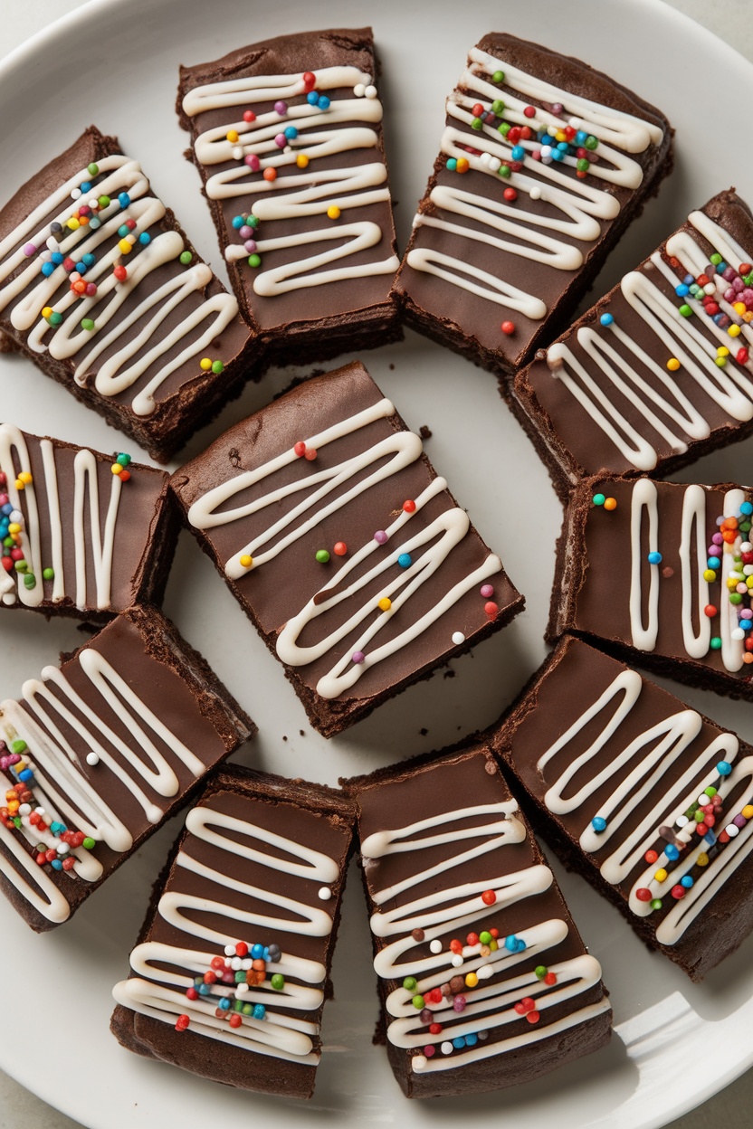 A plate of graduation themed brownies decorated with colorful sprinkles and white icing.