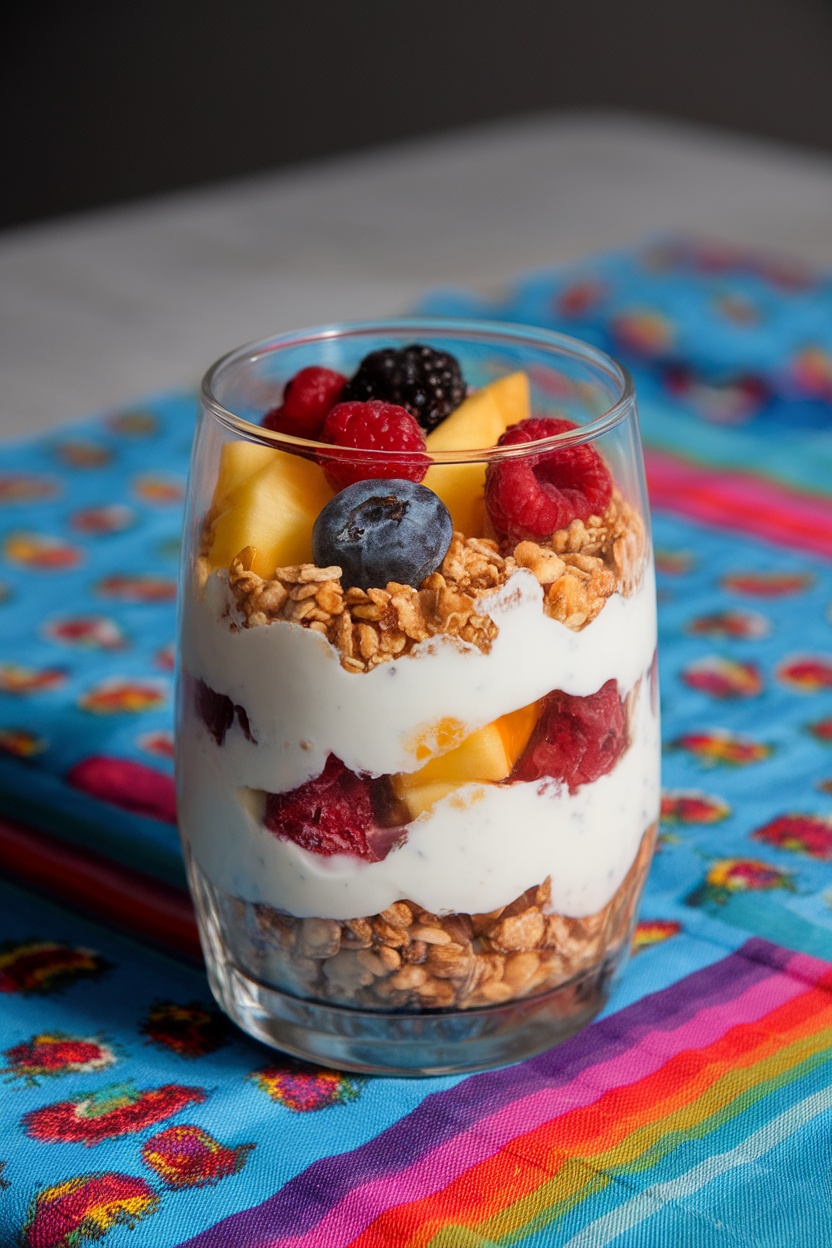 A delicious Greek yogurt parfait layered with granola, fresh fruits, and berries.