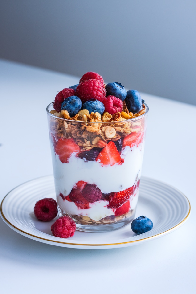 A delicious Greek yogurt parfait layered with berries and granola.
