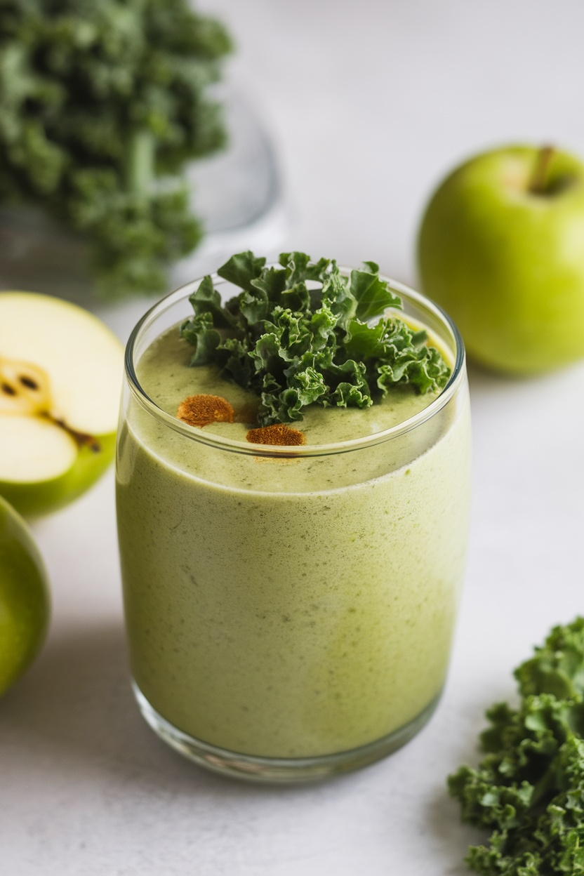 A refreshing green apple kale smoothie garnished with kale leaves