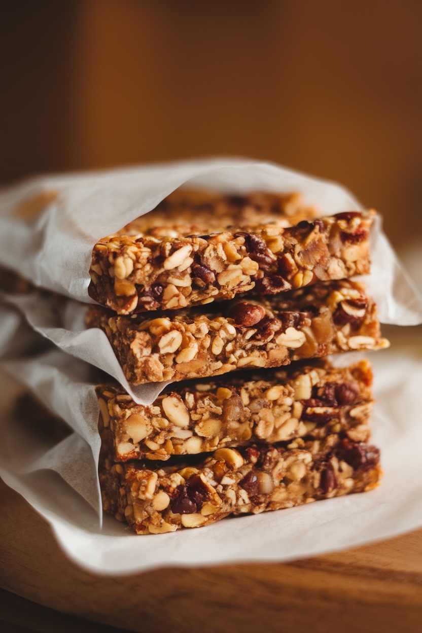 A stack of homemade granola bars wrapped in parchment paper.