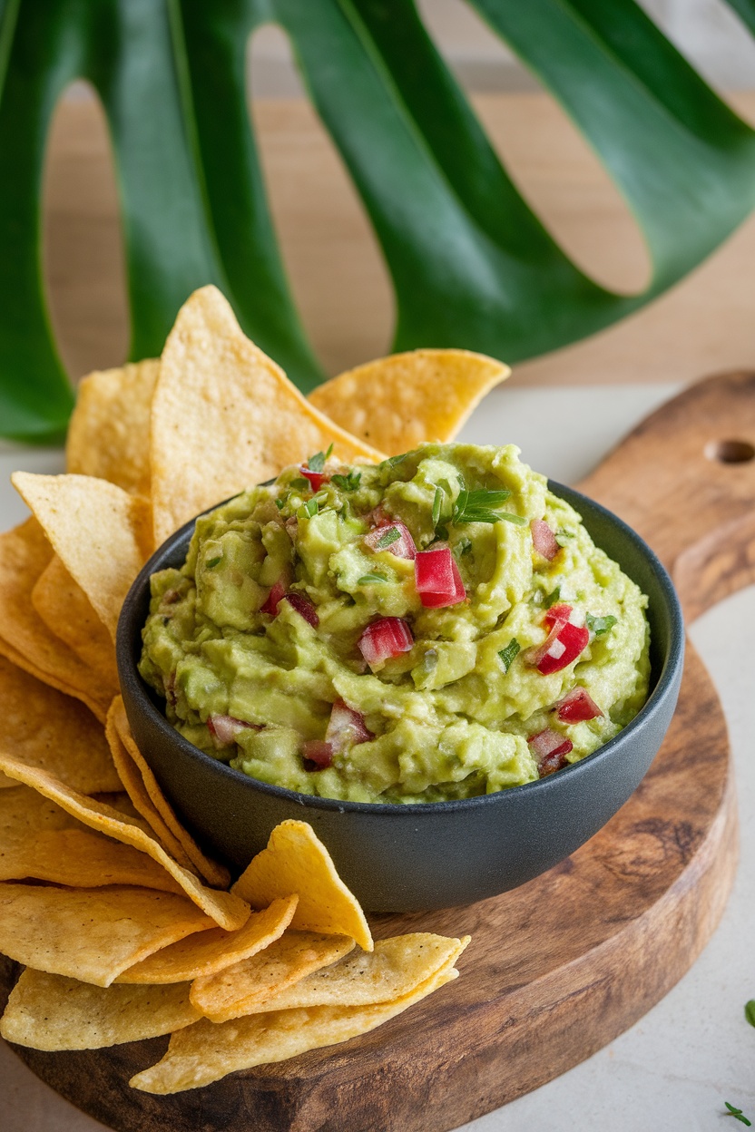 A bowl of homemade guacamole with chopped tomatoes and green onions, surrounded by tortilla chips.