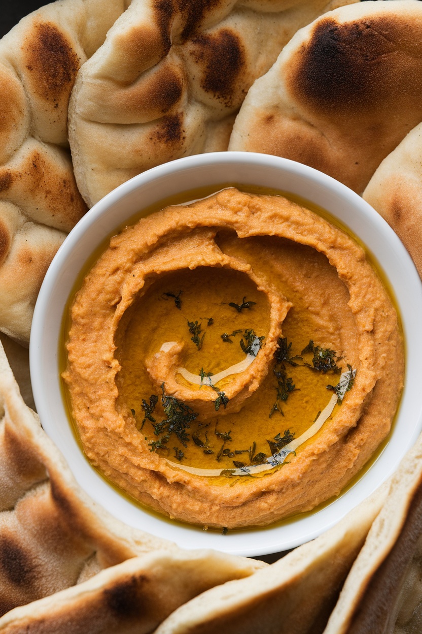 Pita bread with hummus in a bowl
