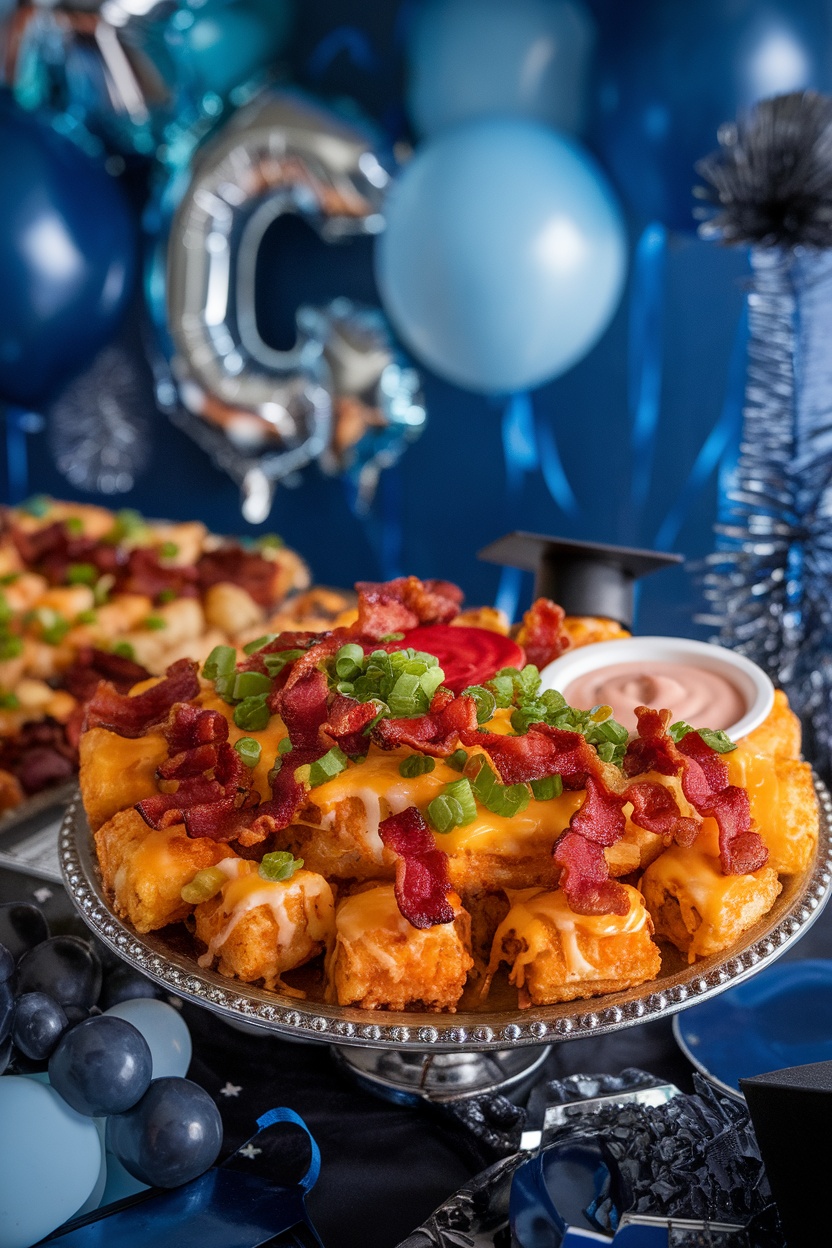 A platter of loaded tater tots topped with cheese, bacon, and green onions, set against a festive backdrop.