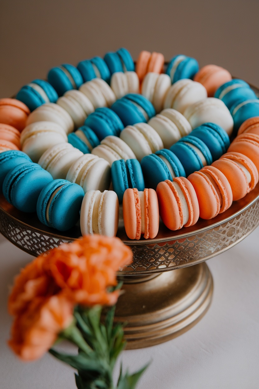 A platter of macarons in blue, orange, and white, arranged beautifully.