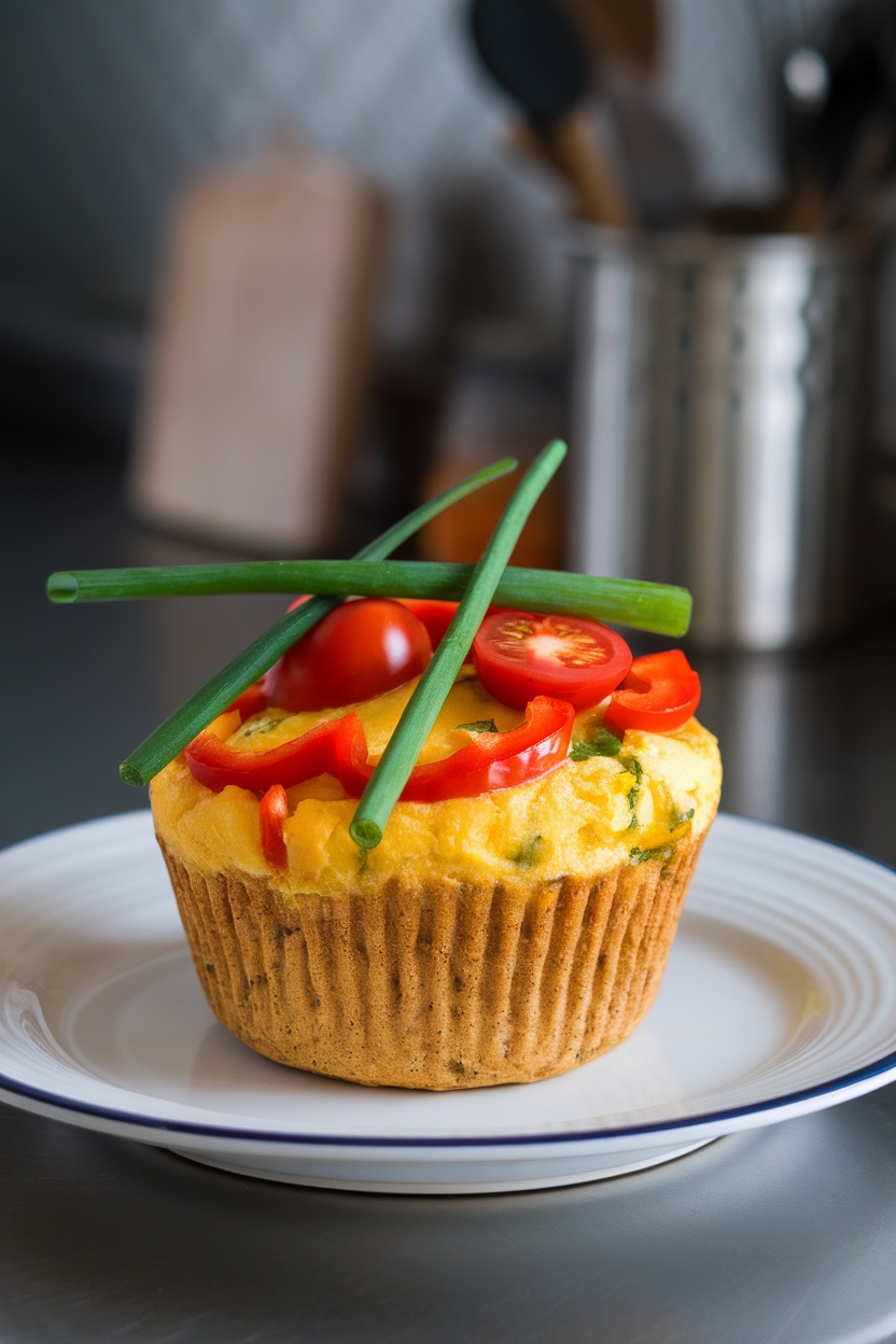 A fluffy microwave egg mug muffin topped with vegetables.