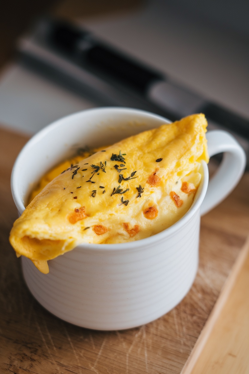 A fluffy microwave mug omelet with herbs on top