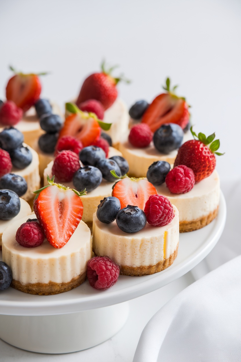 Mini cheesecakes with fresh strawberries, blueberries, and raspberries on a white plate.