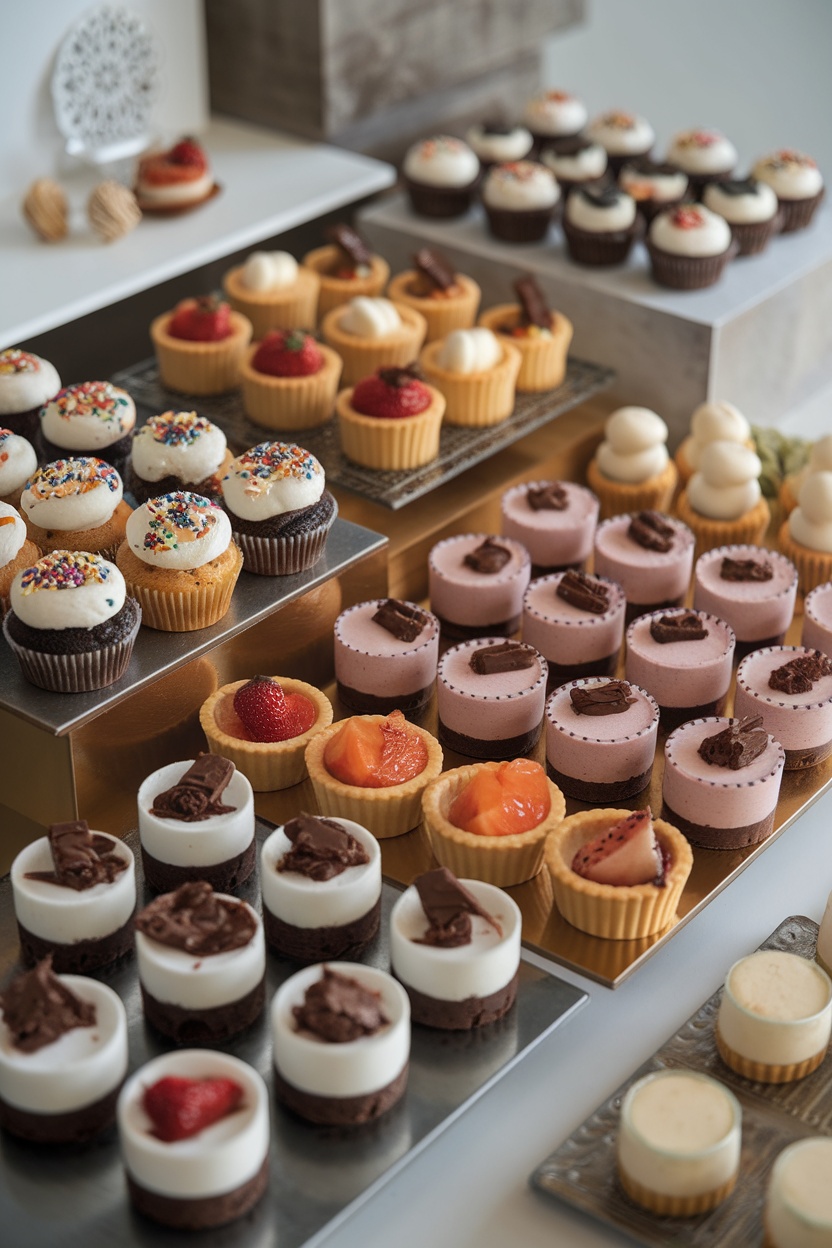 A variety of mini desserts including cupcakes, tarts, and mousse cups displayed on a table.