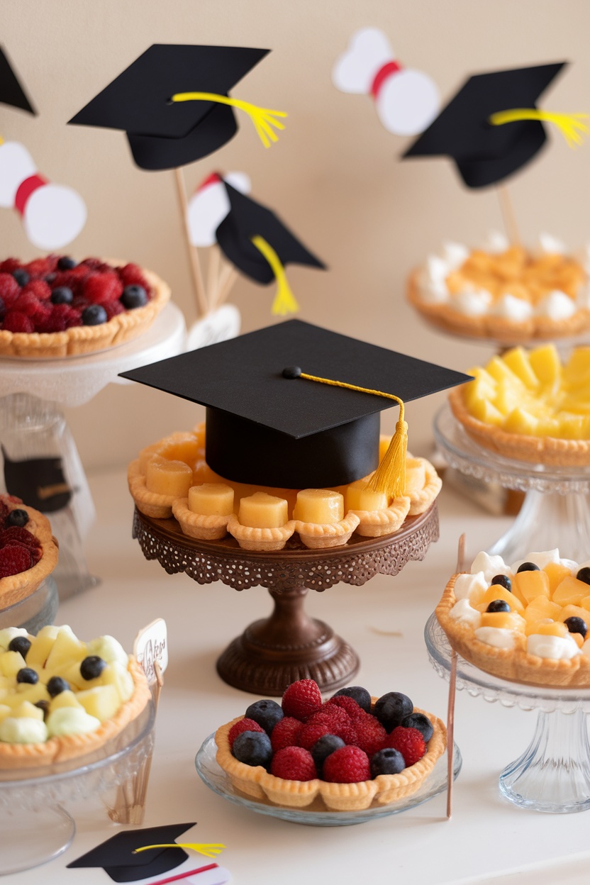 A display of mini fruit pies with graduation-themed decorations.