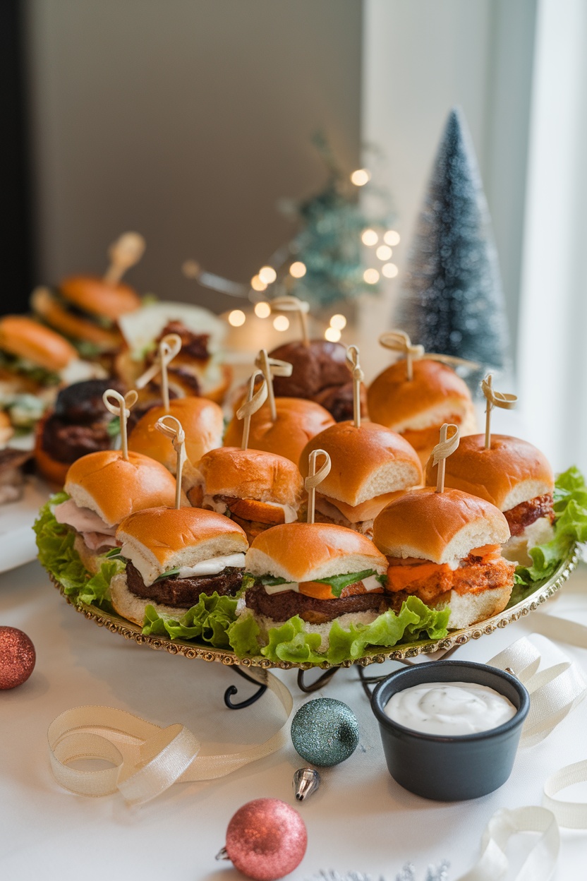 A platter of mini sliders with various toppings and sauces, perfect for a graduation party.