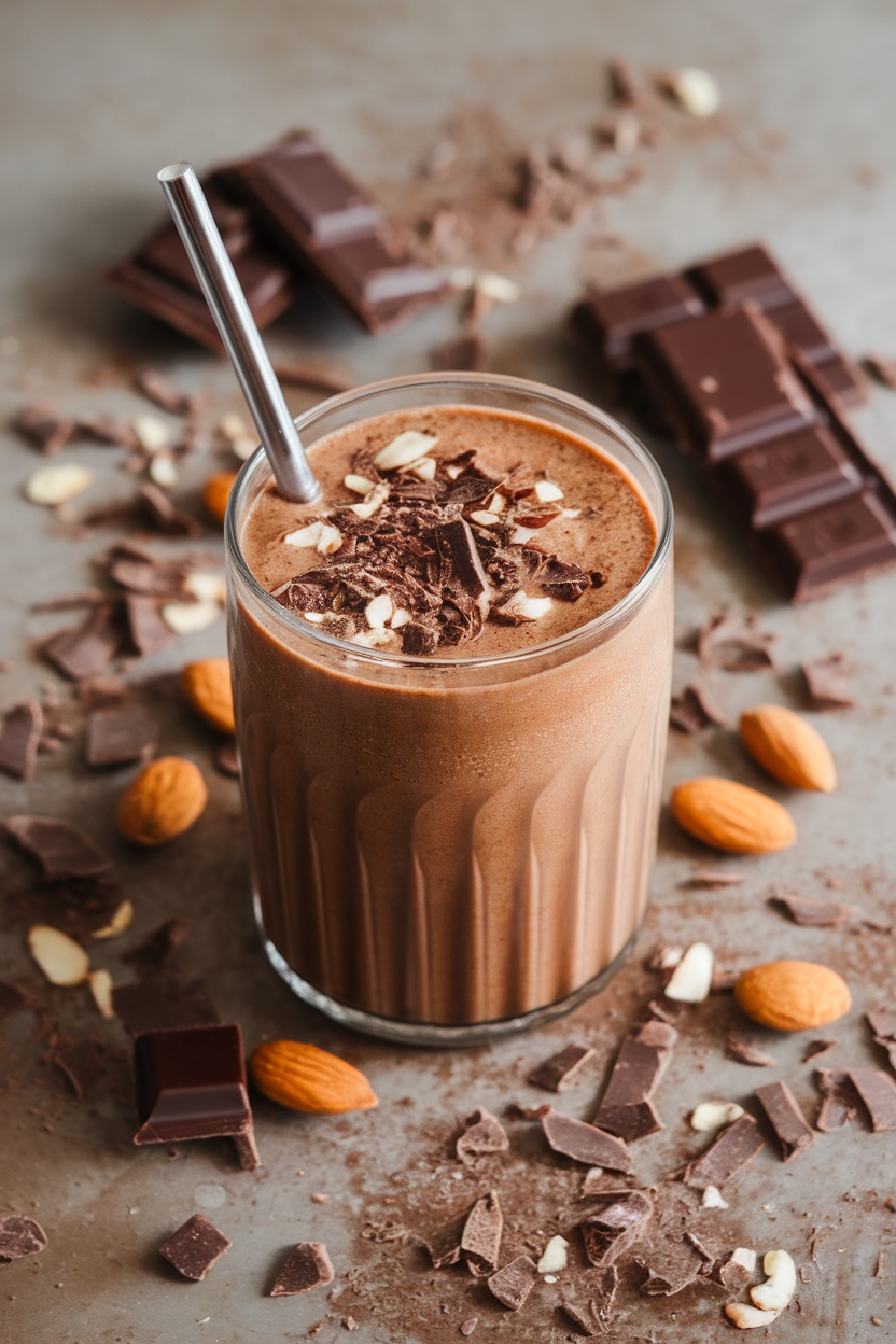 A creamy mocha almond smoothie topped with chocolate shavings and almonds.