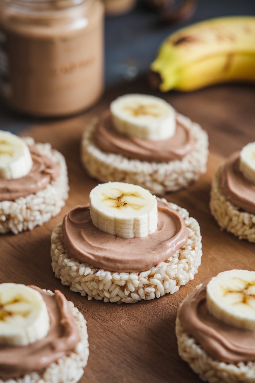 Nut butter and banana topped rice cakes arranged on a wooden surface