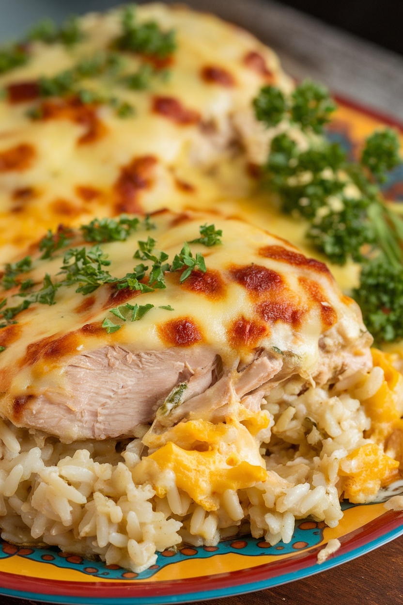 A plate of cheesy chicken and rice with herbs on top.